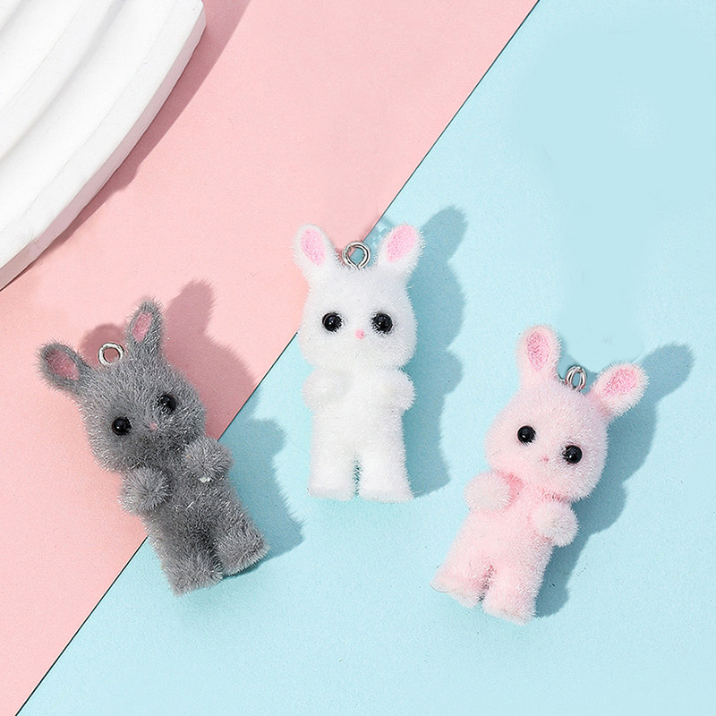 Resin Art Engagement - 5pcs/lot Cute Flocking Rabbit Resin Charms