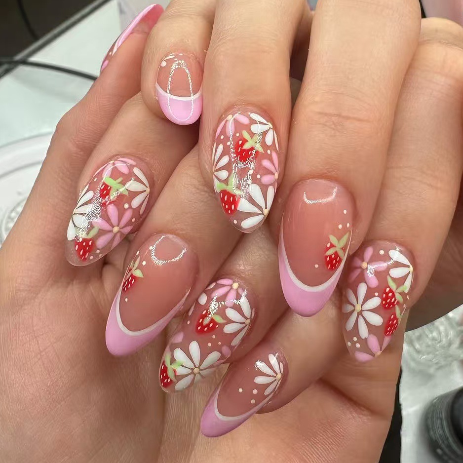 Resin Art Flower - 24pcs Ins Short Almond False Nails